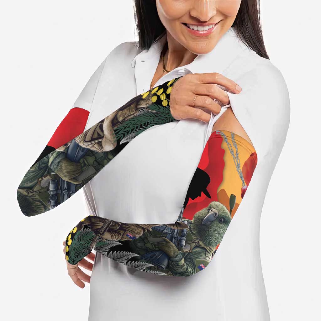 New Zealand and Australia ANZAC Day Arm Sleeves Sliver Fern Kakapo With Golden Wattle Kangaroo - Polynesian Pride