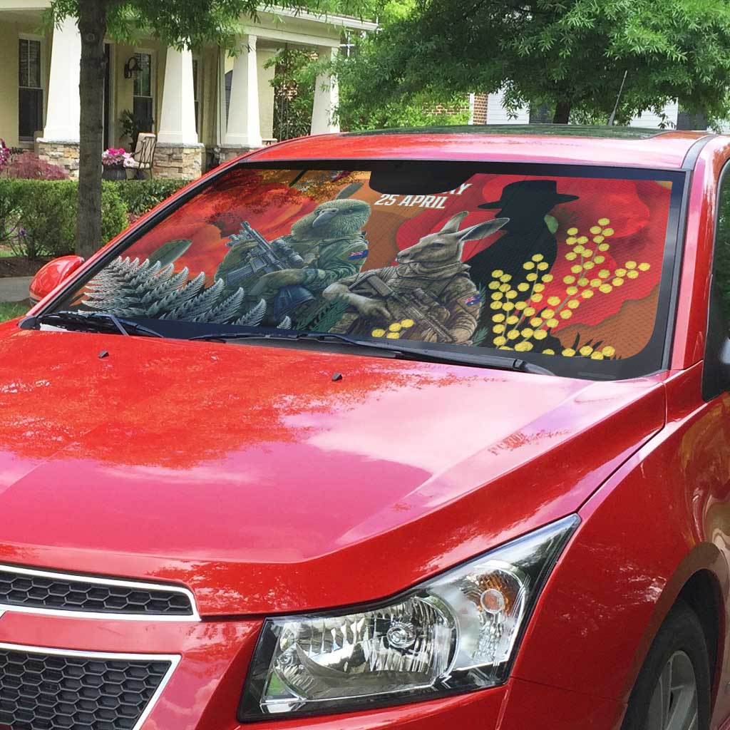 New Zealand and Australia ANZAC Day Auto Sun Shade Sliver Fern Kakapo With Golden Wattle Kangaroo - Polynesian Pride