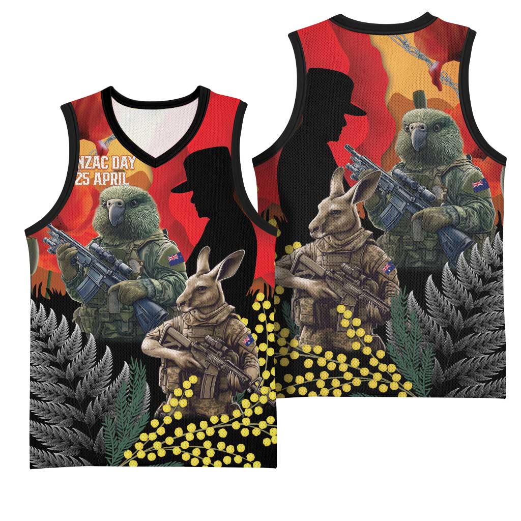 New Zealand and Australia ANZAC Day Basketball Jersey Sliver Fern Kakapo With Golden Wattle Kangaroo - Polynesian Pride