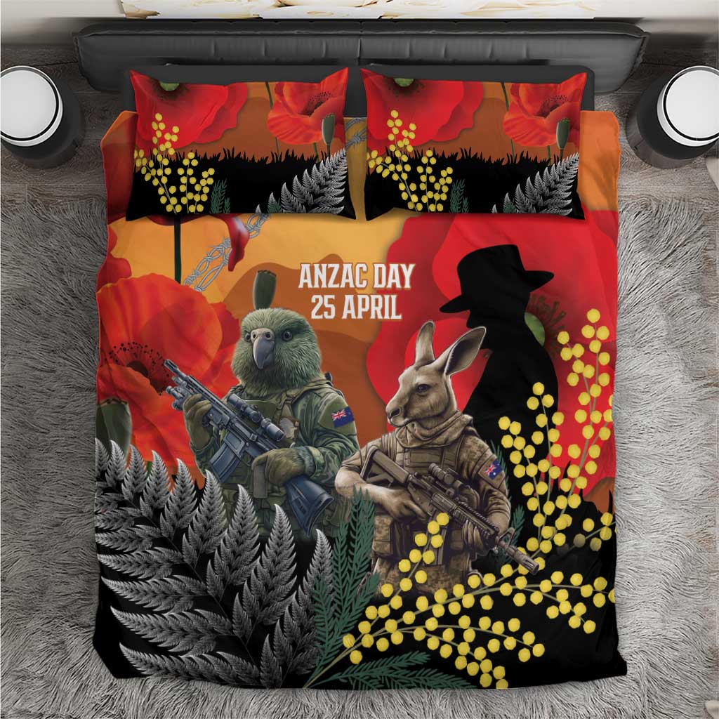 New Zealand and Australia ANZAC Day Bedding Set Sliver Fern Kakapo With Golden Wattle Kangaroo