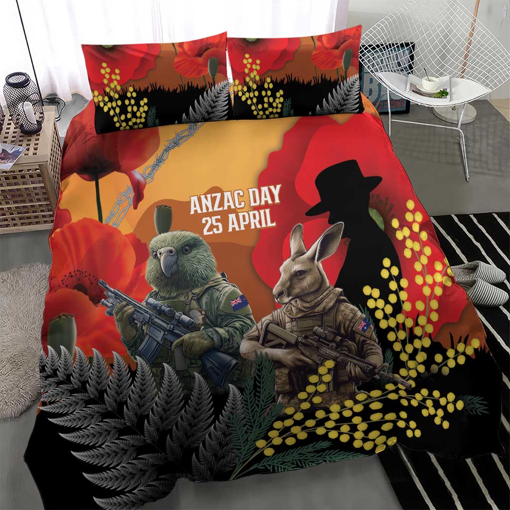 New Zealand and Australia ANZAC Day Bedding Set Sliver Fern Kakapo With Golden Wattle Kangaroo
