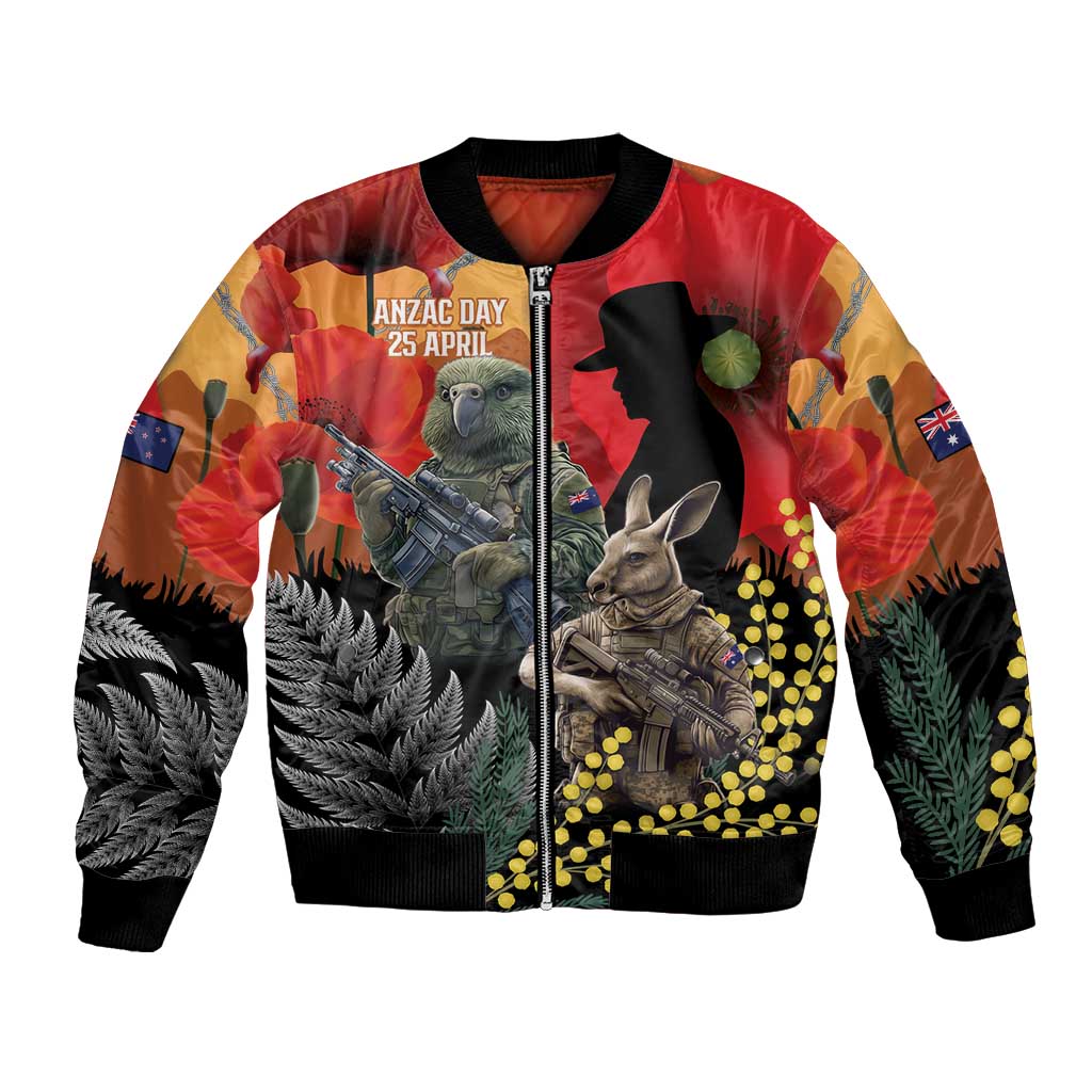 New Zealand and Australia ANZAC Day Bomber Jacket Sliver Fern Kakapo With Golden Wattle Kangaroo