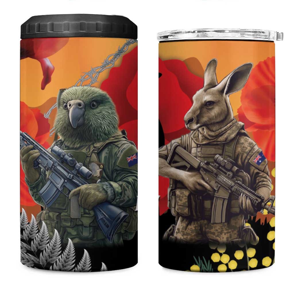 New Zealand and Australia ANZAC Day 4 in 1 Can Cooler Tumbler Sliver Fern Kakapo With Golden Wattle Kangaroo LT14 One Size: 16 oz Gold - Polynesian Pride