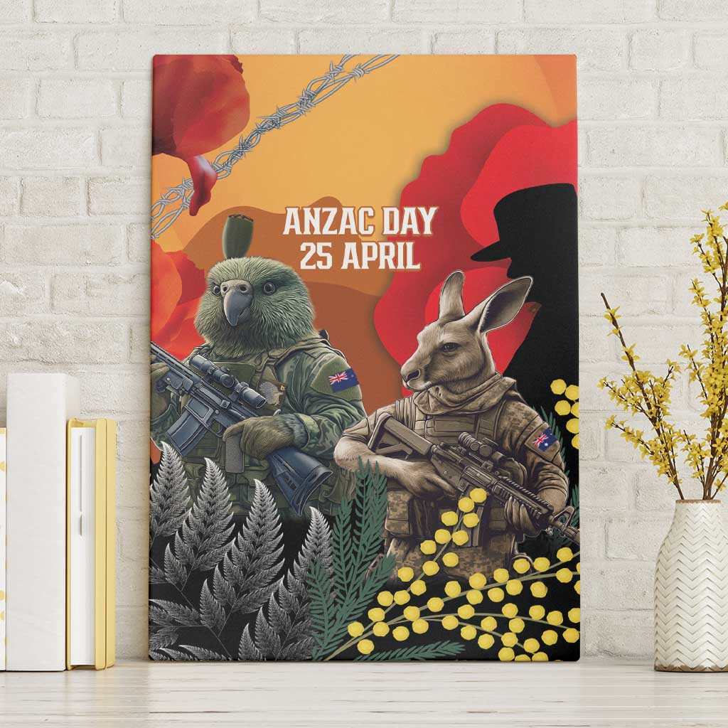 New Zealand and Australia ANZAC Day Canvas Wall Art Sliver Fern Kakapo With Golden Wattle Kangaroo