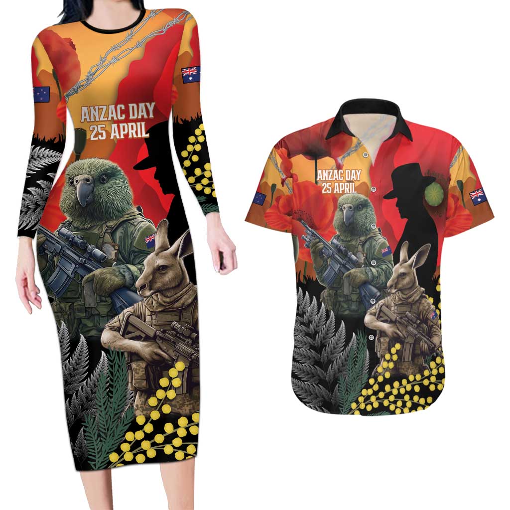 New Zealand and Australia ANZAC Day Couples Matching Long Sleeve Bodycon Dress and Hawaiian Shirt Sliver Fern Kakapo With Golden Wattle Kangaroo