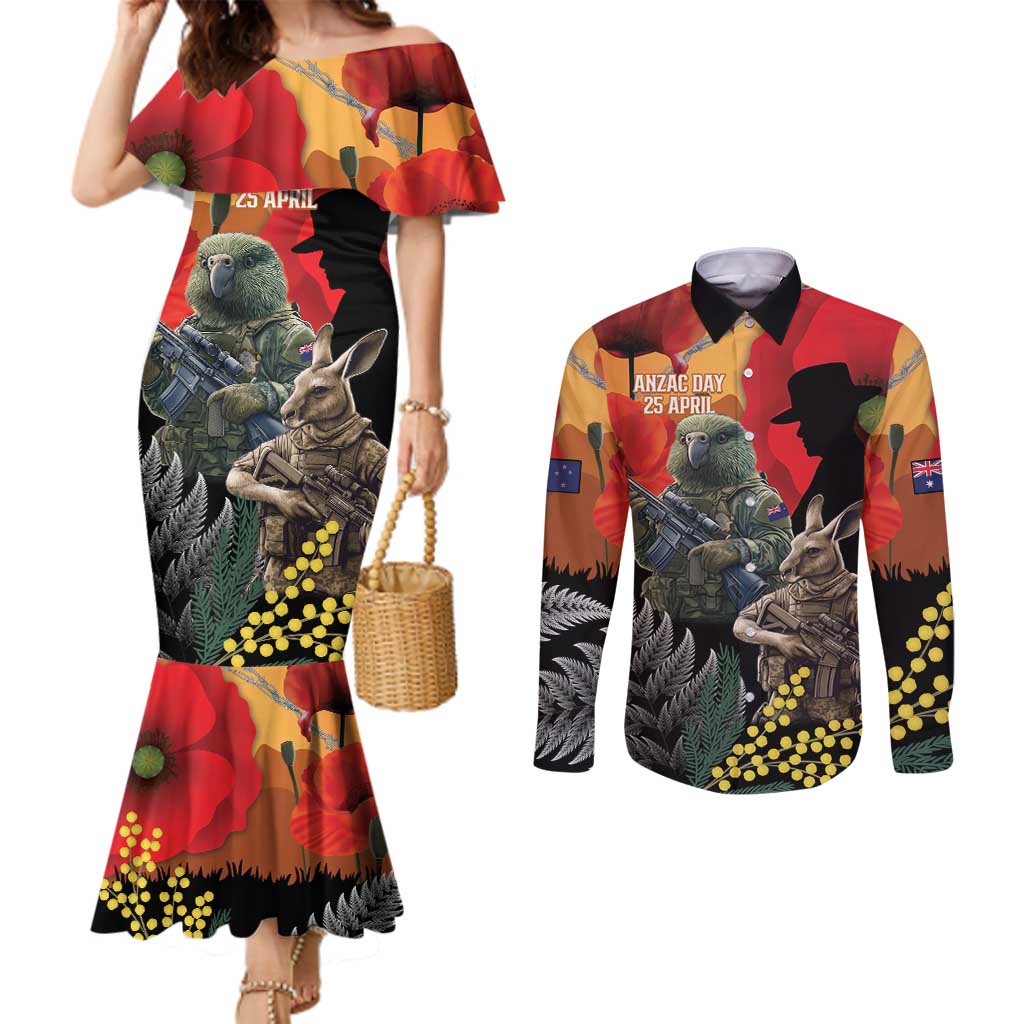 New Zealand and Australia ANZAC Day Couples Matching Mermaid Dress and Long Sleeve Button Shirt Sliver Fern Kakapo With Golden Wattle Kangaroo