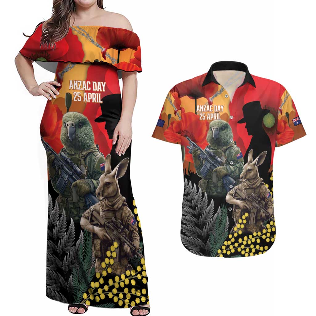 New Zealand and Australia ANZAC Day Couples Matching Off Shoulder Maxi Dress and Hawaiian Shirt Sliver Fern Kakapo With Golden Wattle Kangaroo LT14 Gold - Polynesian Pride