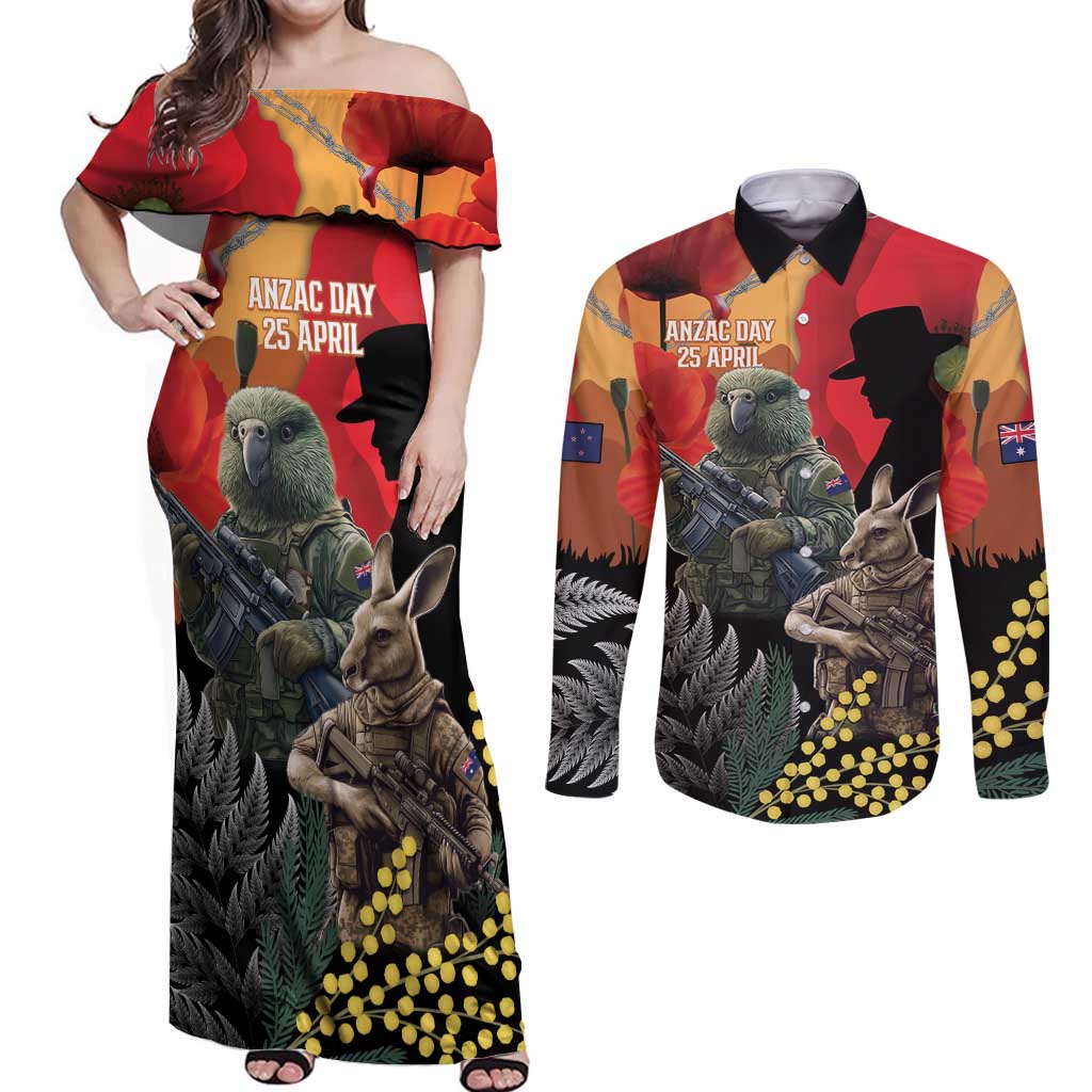 New Zealand and Australia ANZAC Day Couples Matching Off Shoulder Maxi Dress and Long Sleeve Button Shirt Sliver Fern Kakapo With Golden Wattle Kangaroo