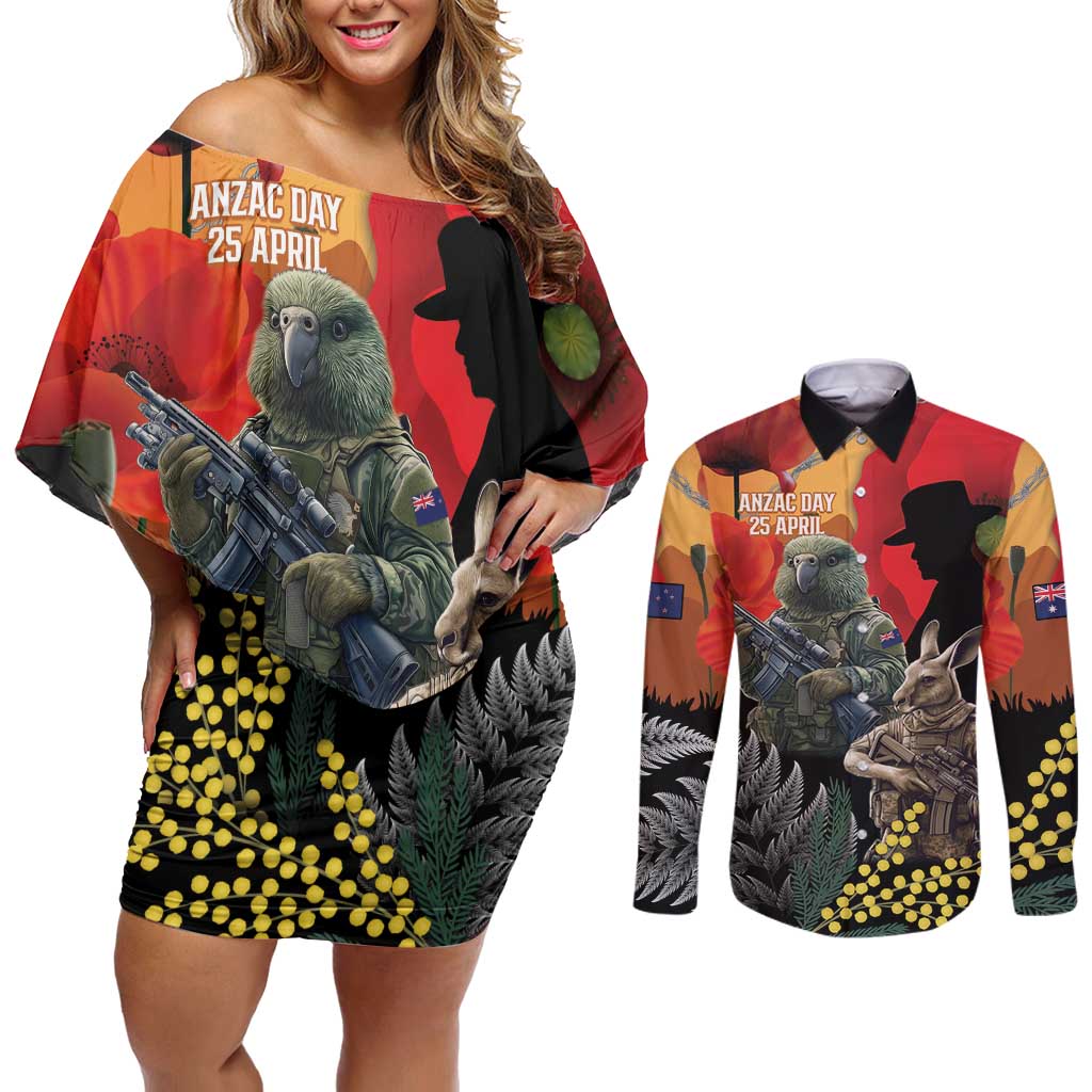 New Zealand and Australia ANZAC Day Couples Matching Off Shoulder Short Dress and Long Sleeve Button Shirt Sliver Fern Kakapo With Golden Wattle Kangaroo LT14 Gold - Polynesian Pride