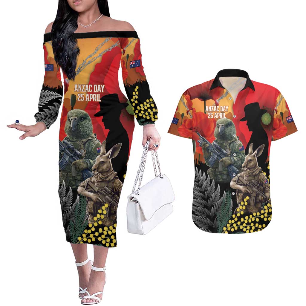 New Zealand and Australia ANZAC Day Couples Matching Off The Shoulder Long Sleeve Dress and Hawaiian Shirt Sliver Fern Kakapo With Golden Wattle Kangaroo