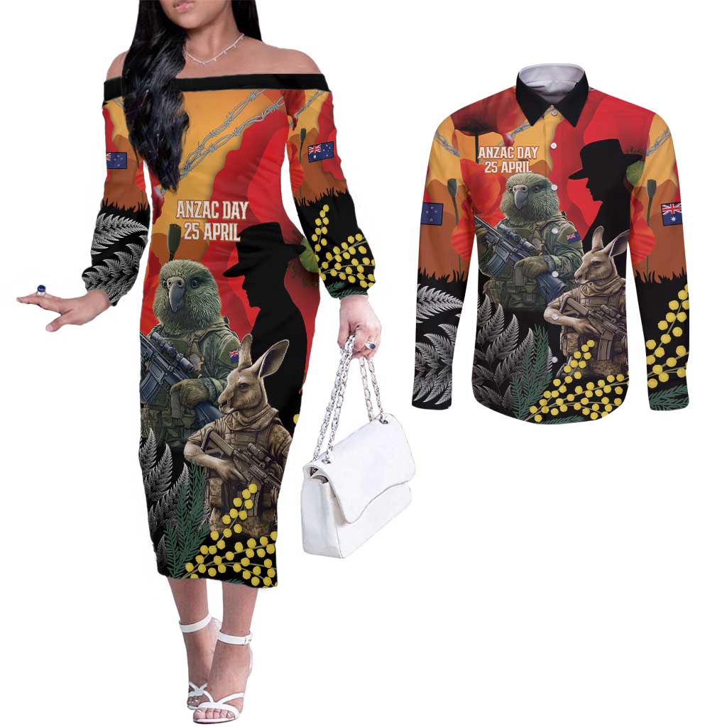 New Zealand and Australia ANZAC Day Couples Matching Off The Shoulder Long Sleeve Dress and Long Sleeve Button Shirt Sliver Fern Kakapo With Golden Wattle Kangaroo