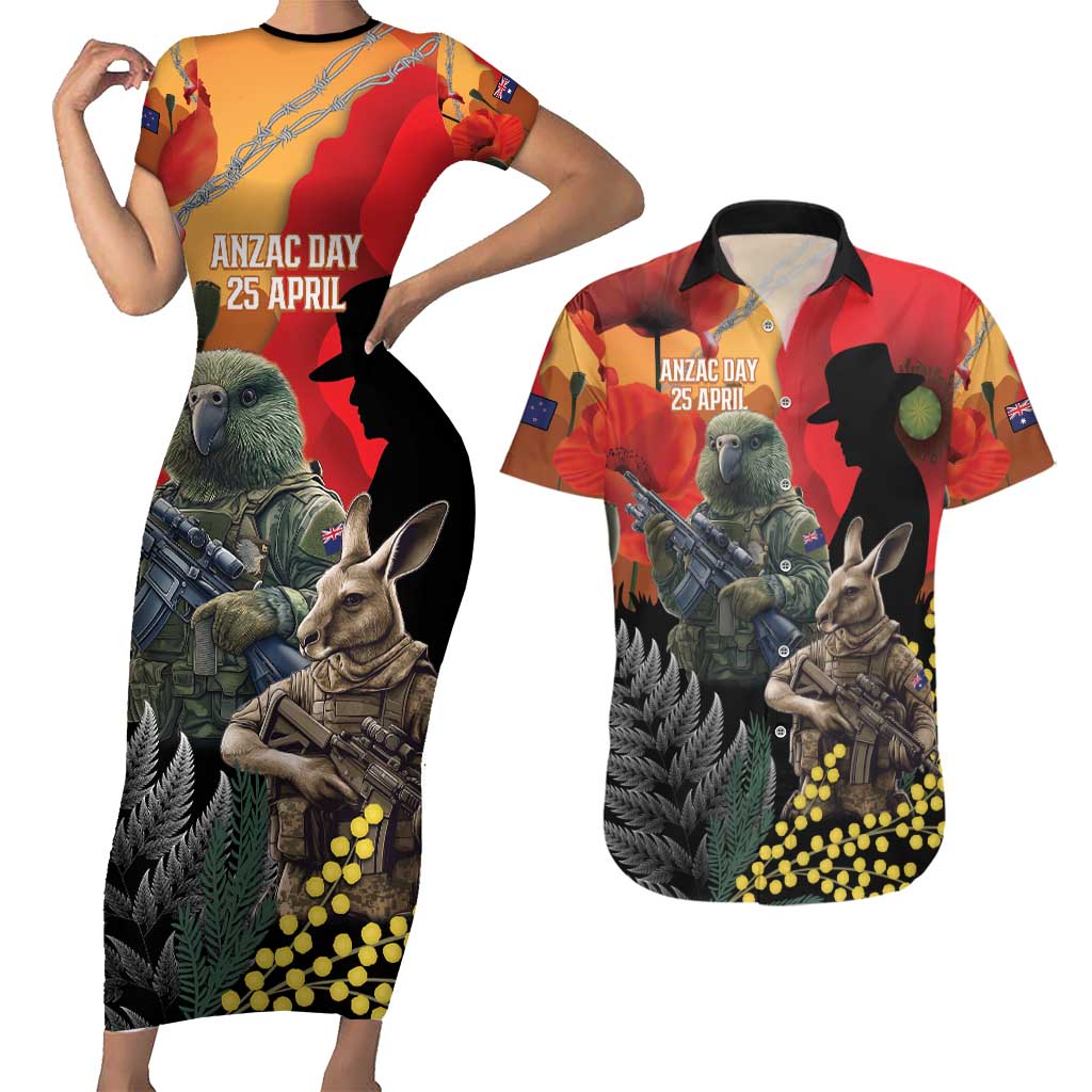 New Zealand and Australia ANZAC Day Couples Matching Short Sleeve Bodycon Dress and Hawaiian Shirt Sliver Fern Kakapo With Golden Wattle Kangaroo