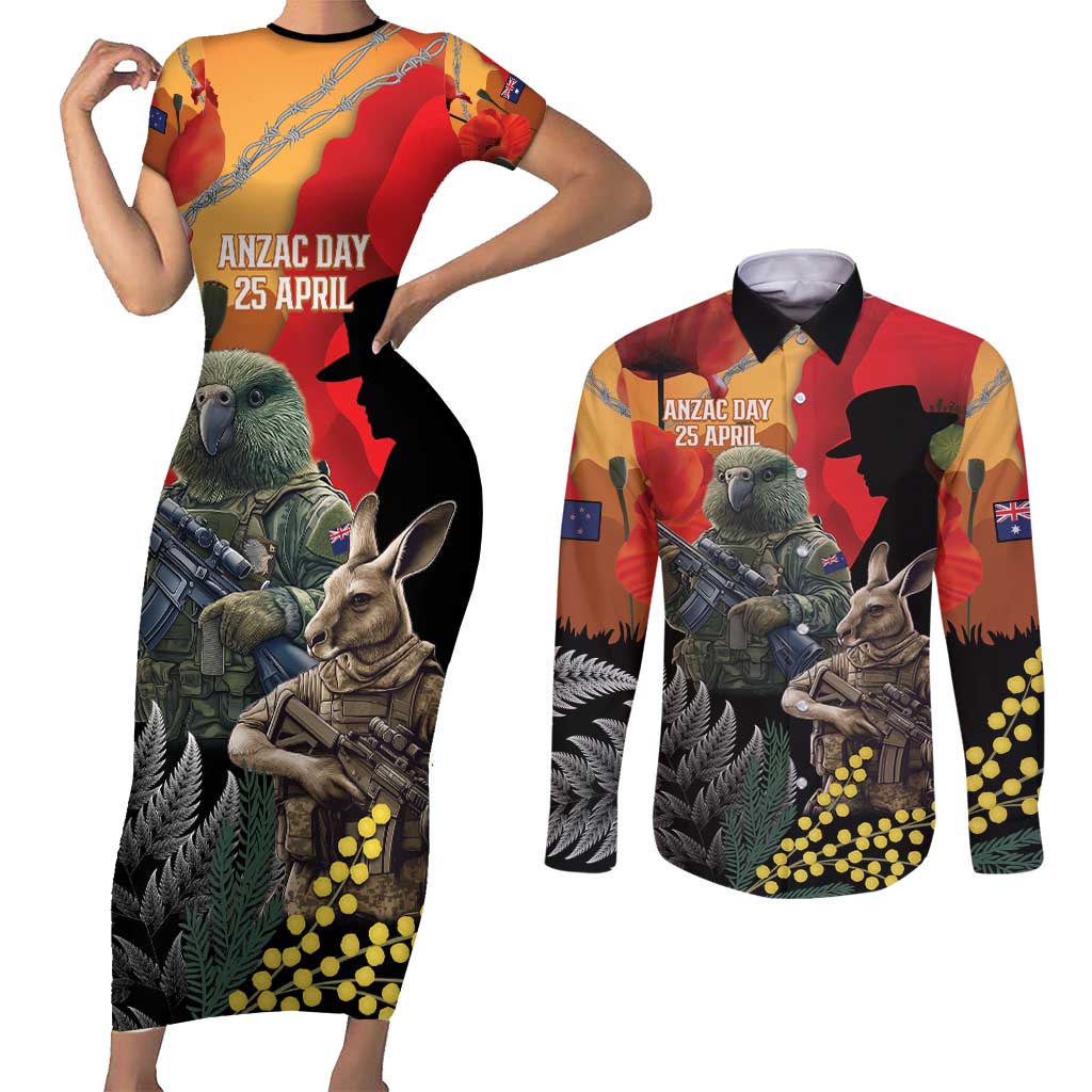 New Zealand and Australia ANZAC Day Couples Matching Short Sleeve Bodycon Dress and Long Sleeve Button Shirt Sliver Fern Kakapo With Golden Wattle Kangaroo