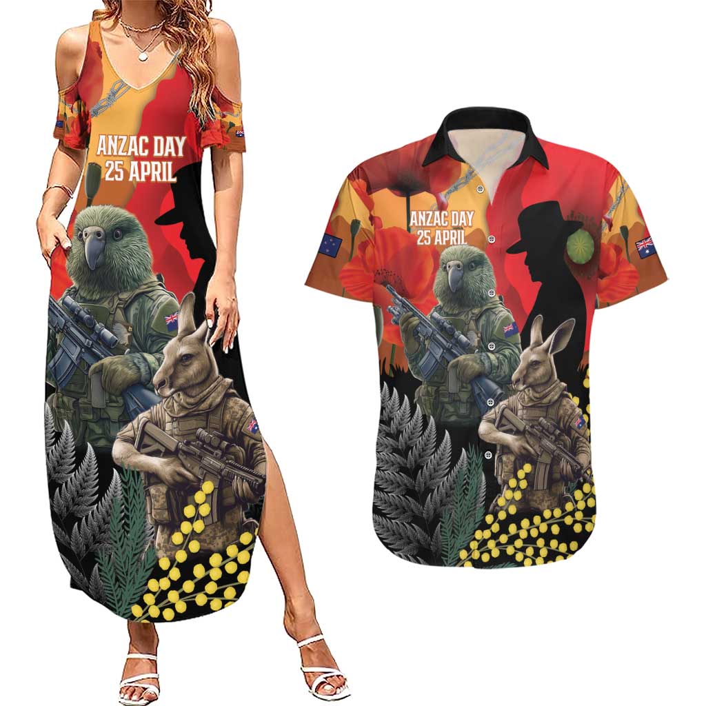 New Zealand and Australia ANZAC Day Couples Matching Summer Maxi Dress and Hawaiian Shirt Sliver Fern Kakapo With Golden Wattle Kangaroo