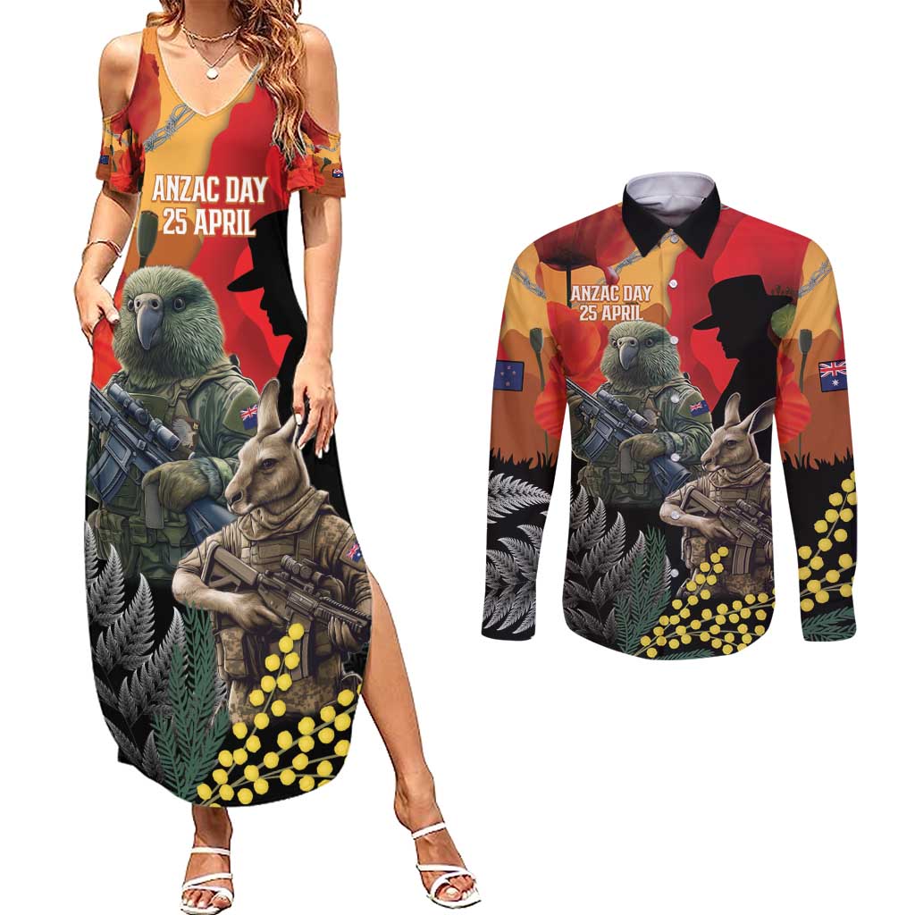 New Zealand and Australia ANZAC Day Couples Matching Summer Maxi Dress and Long Sleeve Button Shirt Sliver Fern Kakapo With Golden Wattle Kangaroo