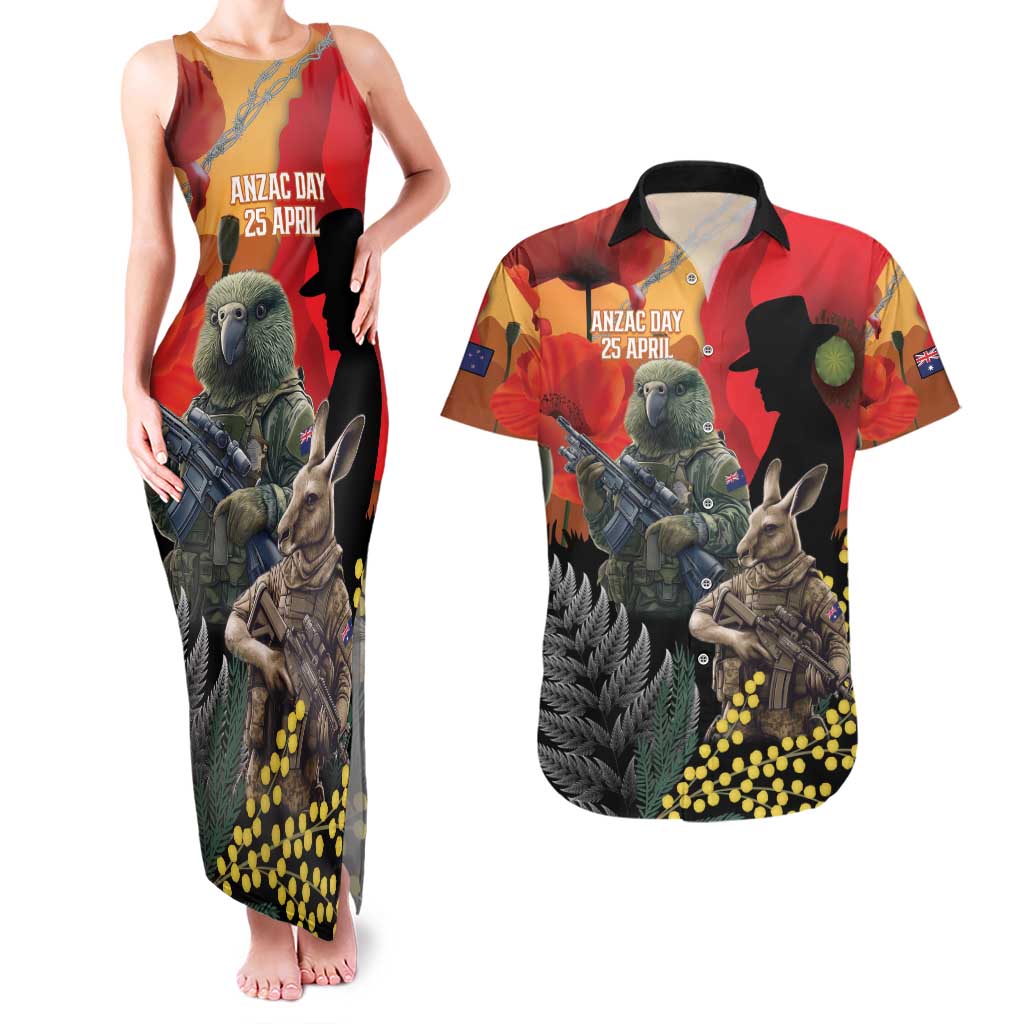 New Zealand and Australia ANZAC Day Couples Matching Tank Maxi Dress and Hawaiian Shirt Sliver Fern Kakapo With Golden Wattle Kangaroo