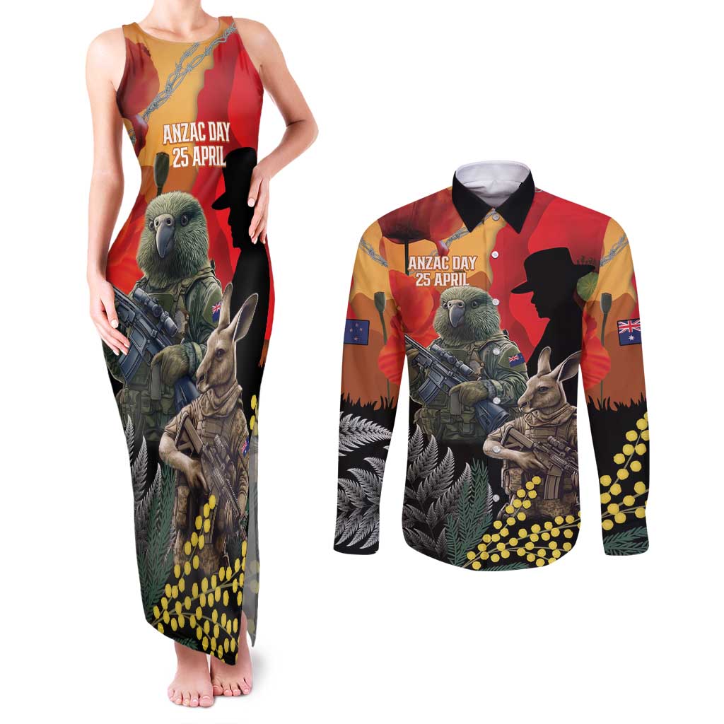 New Zealand and Australia ANZAC Day Couples Matching Tank Maxi Dress and Long Sleeve Button Shirt Sliver Fern Kakapo With Golden Wattle Kangaroo