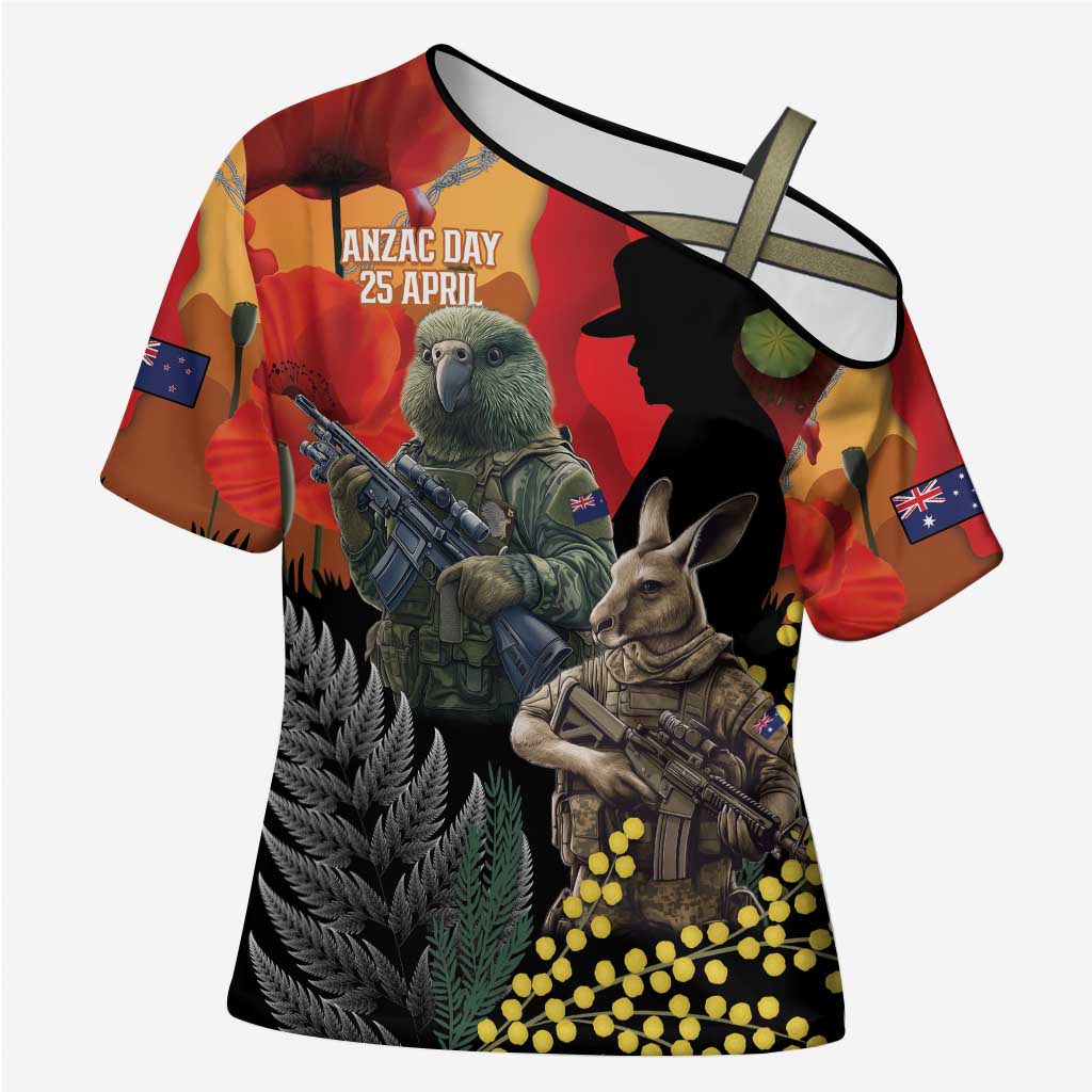 New Zealand and Australia ANZAC Day Cross Shoulder Shirt Sliver Fern Kakapo With Golden Wattle Kangaroo - Polynesian Pride