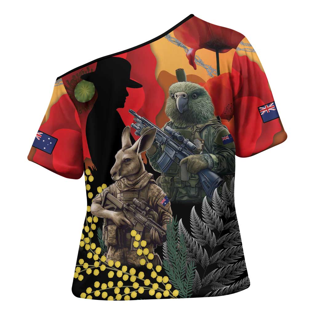 New Zealand and Australia ANZAC Day Cross Shoulder Shirt Sliver Fern Kakapo With Golden Wattle Kangaroo - Polynesian Pride