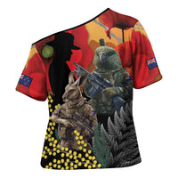 New Zealand and Australia ANZAC Day Cross Shoulder Shirt Sliver Fern Kakapo With Golden Wattle Kangaroo - Polynesian Pride