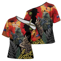 New Zealand and Australia ANZAC Day Cross Shoulder Shirt Sliver Fern Kakapo With Golden Wattle Kangaroo - Polynesian Pride