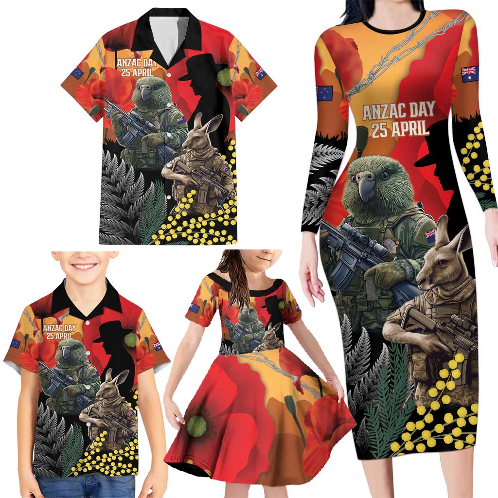 New Zealand and Australia ANZAC Day Family Matching Long Sleeve Bodycon Dress and Hawaiian Shirt Sliver Fern Kakapo With Golden Wattle Kangaroo