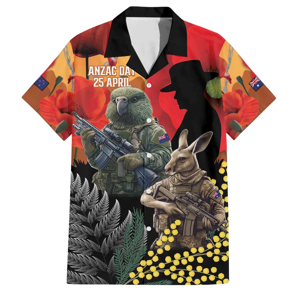 New Zealand and Australia ANZAC Day Family Matching Long Sleeve Bodycon Dress and Hawaiian Shirt Sliver Fern Kakapo With Golden Wattle Kangaroo