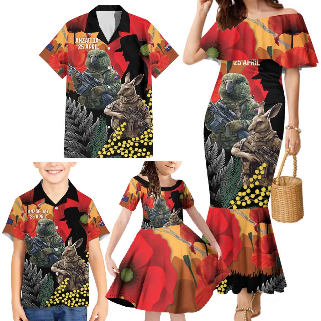 New Zealand and Australia ANZAC Day Family Matching Mermaid Dress and Hawaiian Shirt Sliver Fern Kakapo With Golden Wattle Kangaroo