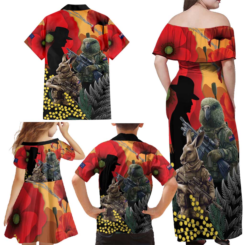 New Zealand and Australia ANZAC Day Family Matching Off Shoulder Maxi Dress and Hawaiian Shirt Sliver Fern Kakapo With Golden Wattle Kangaroo