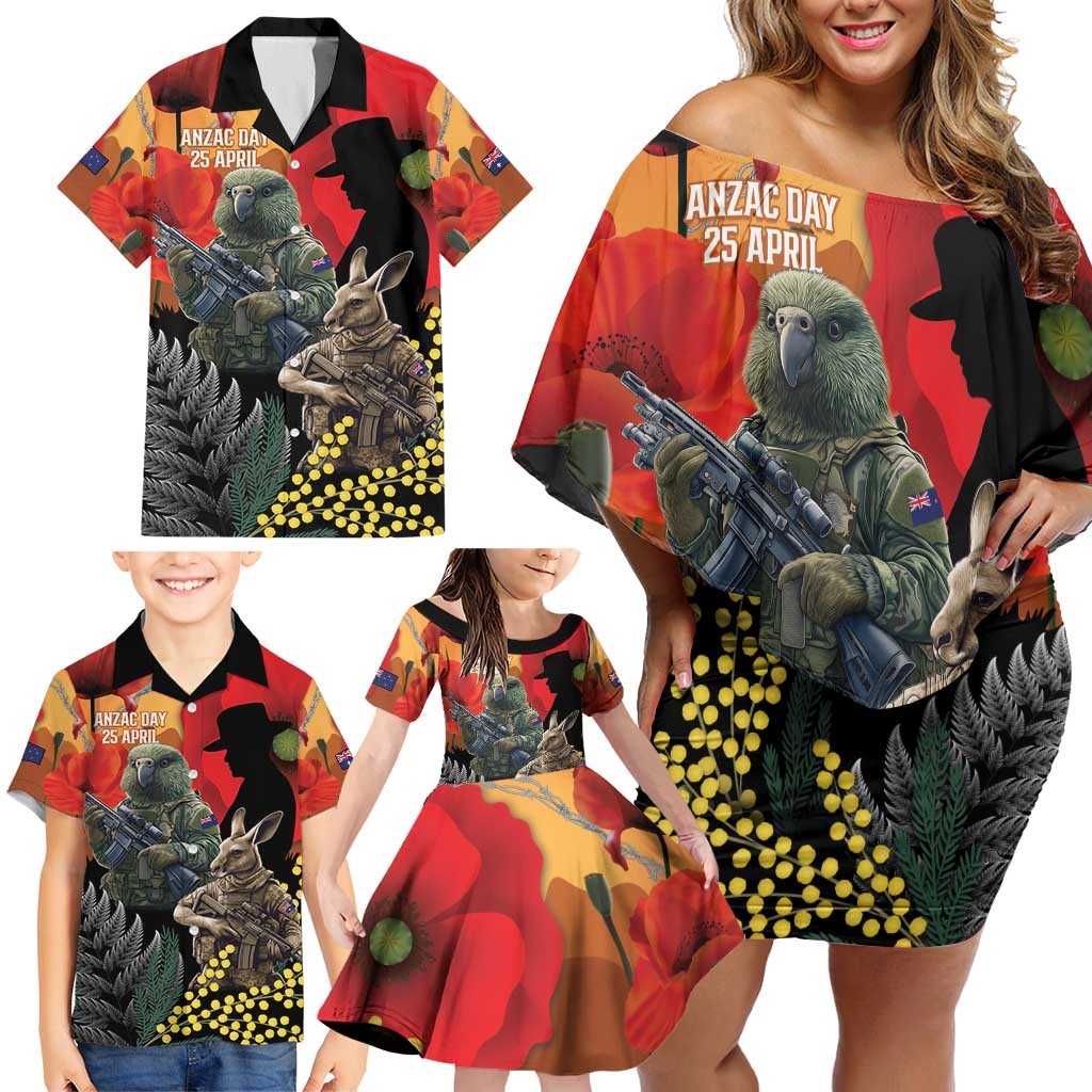 New Zealand and Australia ANZAC Day Family Matching Off Shoulder Short Dress and Hawaiian Shirt Sliver Fern Kakapo With Golden Wattle Kangaroo