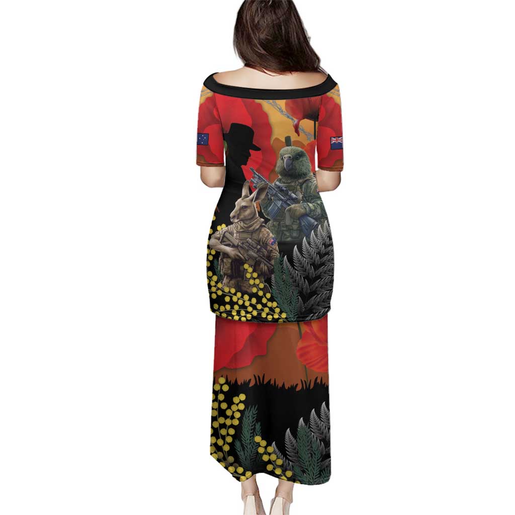 New Zealand and Australia ANZAC Day Family Matching Puletasi and Hawaiian Shirt Sliver Fern Kakapo With Golden Wattle Kangaroo