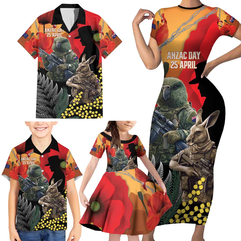 New Zealand and Australia ANZAC Day Family Matching Short Sleeve Bodycon Dress and Hawaiian Shirt Sliver Fern Kakapo With Golden Wattle Kangaroo