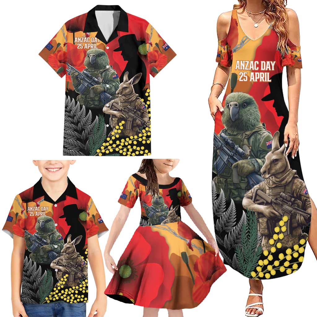 New Zealand and Australia ANZAC Day Family Matching Summer Maxi Dress and Hawaiian Shirt Sliver Fern Kakapo With Golden Wattle Kangaroo