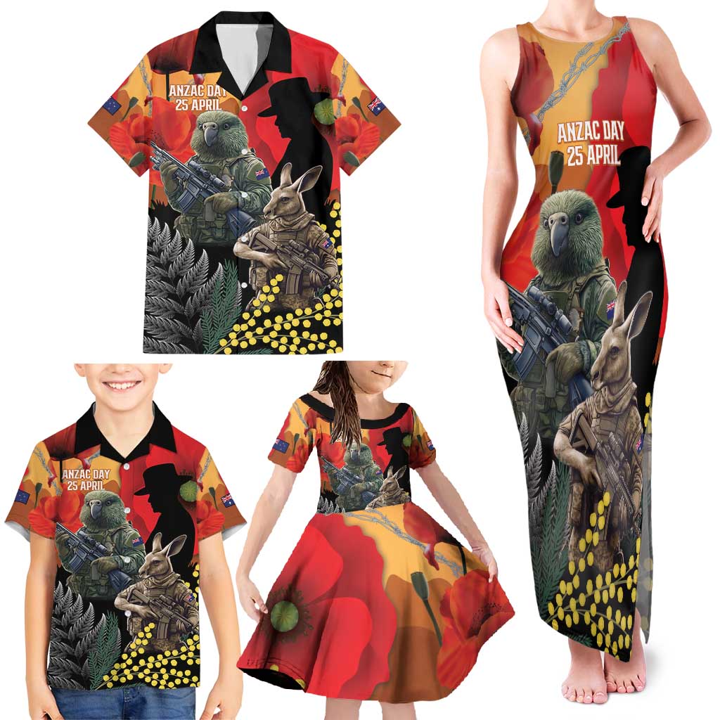 New Zealand and Australia ANZAC Day Family Matching Tank Maxi Dress and Hawaiian Shirt Sliver Fern Kakapo With Golden Wattle Kangaroo