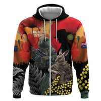 New Zealand and Australia ANZAC Day Hoodie Sliver Fern Kakapo With Golden Wattle Kangaroo