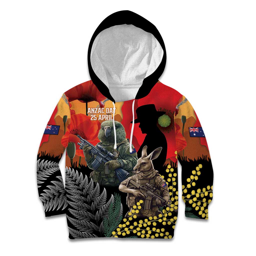 New Zealand and Australia ANZAC Day Kid Hoodie Sliver Fern Kakapo With Golden Wattle Kangaroo