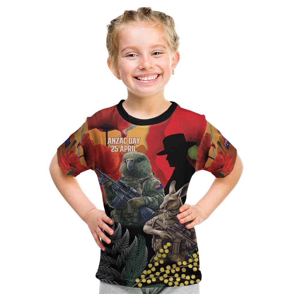 New Zealand and Australia ANZAC Day Kid T Shirt Sliver Fern Kakapo With Golden Wattle Kangaroo