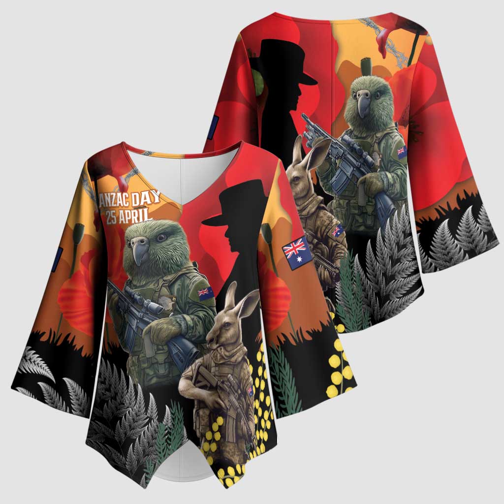 New Zealand and Australia ANZAC Day Kimono Sleeve Blouse Sliver Fern Kakapo With Golden Wattle Kangaroo - Polynesian Pride