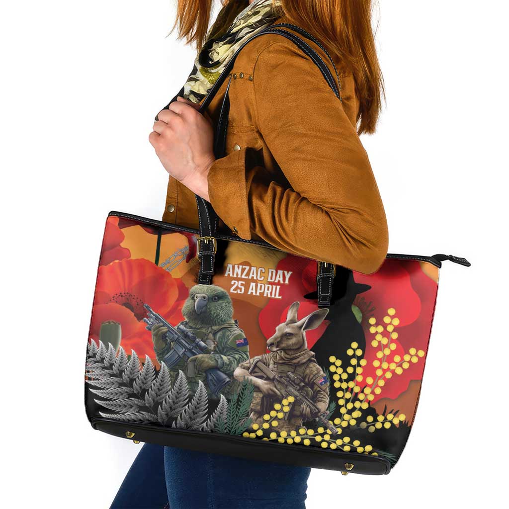 New Zealand and Australia ANZAC Day Leather Tote Bag Sliver Fern Kakapo With Golden Wattle Kangaroo