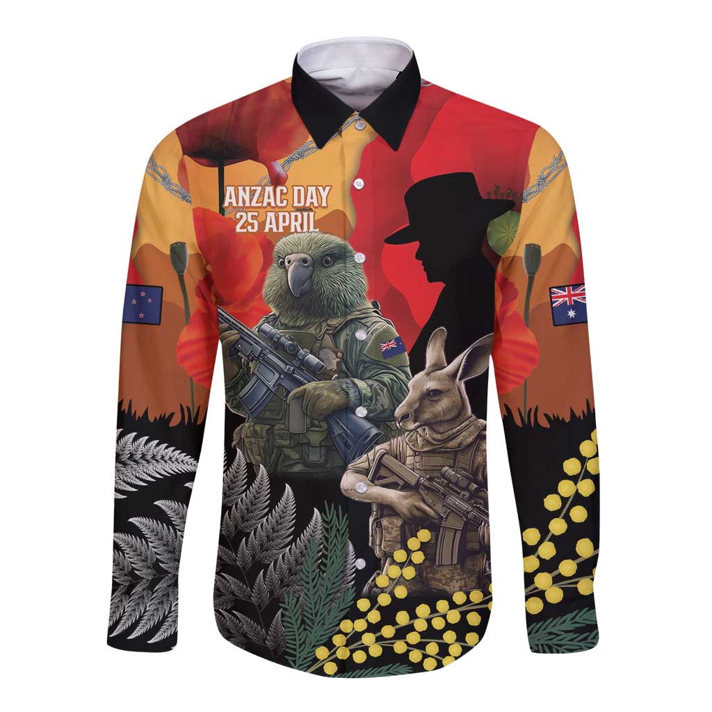 New Zealand and Australia ANZAC Day Long Sleeve Button Shirt Sliver Fern Kakapo With Golden Wattle Kangaroo LT14 Unisex Gold - Polynesian Pride