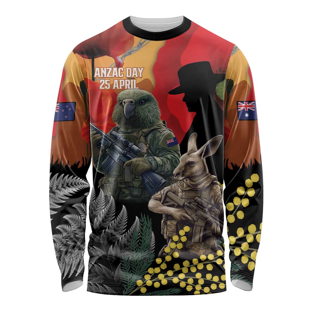 New Zealand and Australia ANZAC Day Long Sleeve Shirt Sliver Fern Kakapo With Golden Wattle Kangaroo