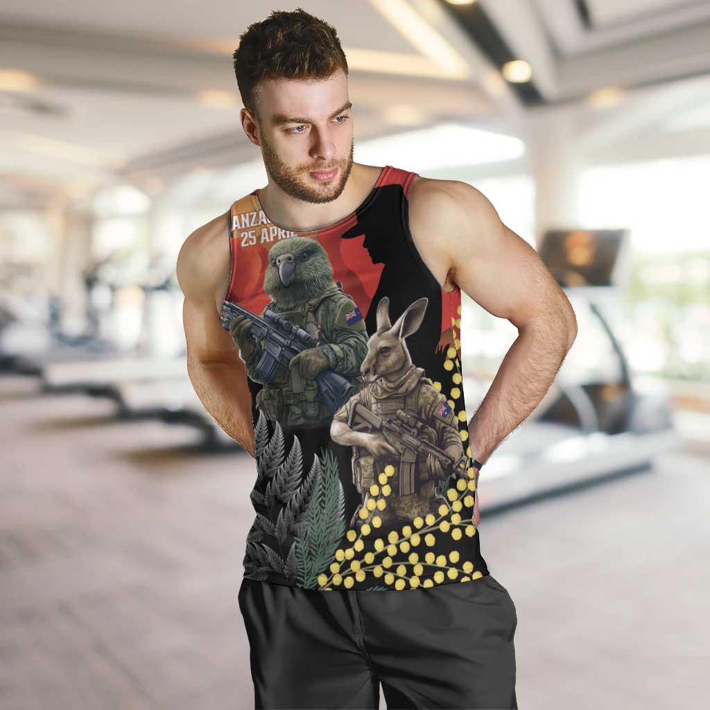 New Zealand and Australia ANZAC Day Men Tank Top Sliver Fern Kakapo With Golden Wattle Kangaroo LT14 Gold - Polynesian Pride