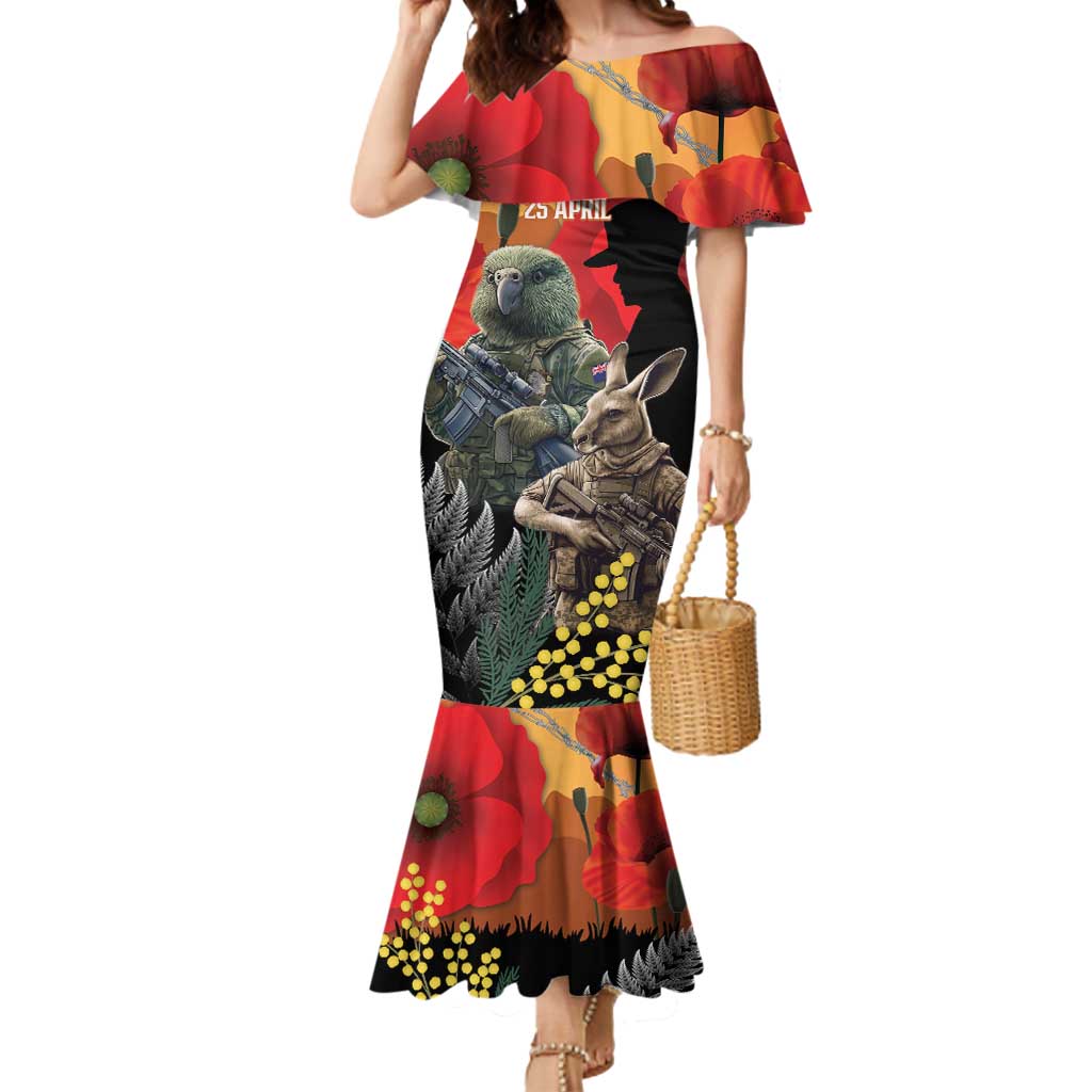 New Zealand and Australia ANZAC Day Mermaid Dress Sliver Fern Kakapo With Golden Wattle Kangaroo