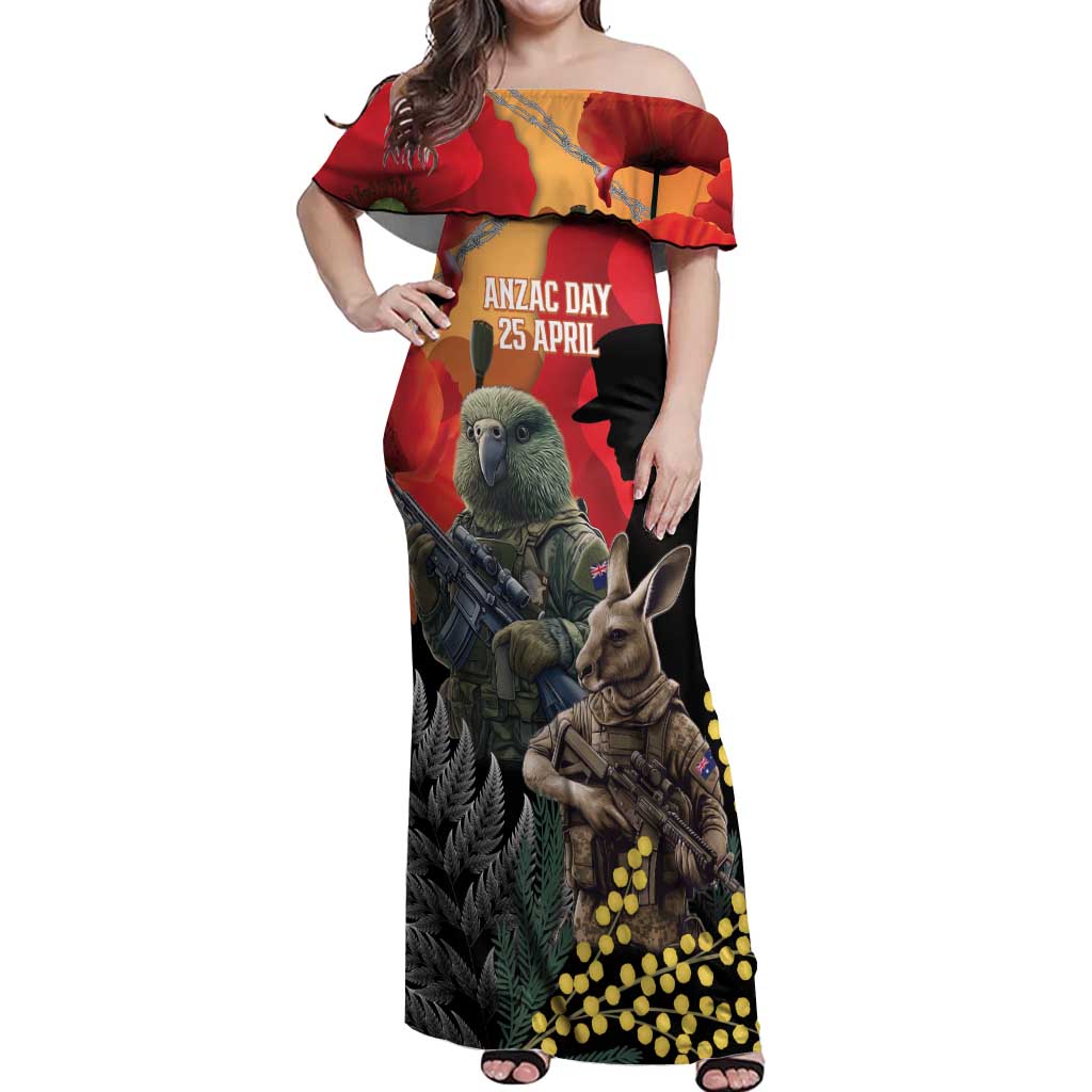 New Zealand and Australia ANZAC Day Off Shoulder Maxi Dress Sliver Fern Kakapo With Golden Wattle Kangaroo