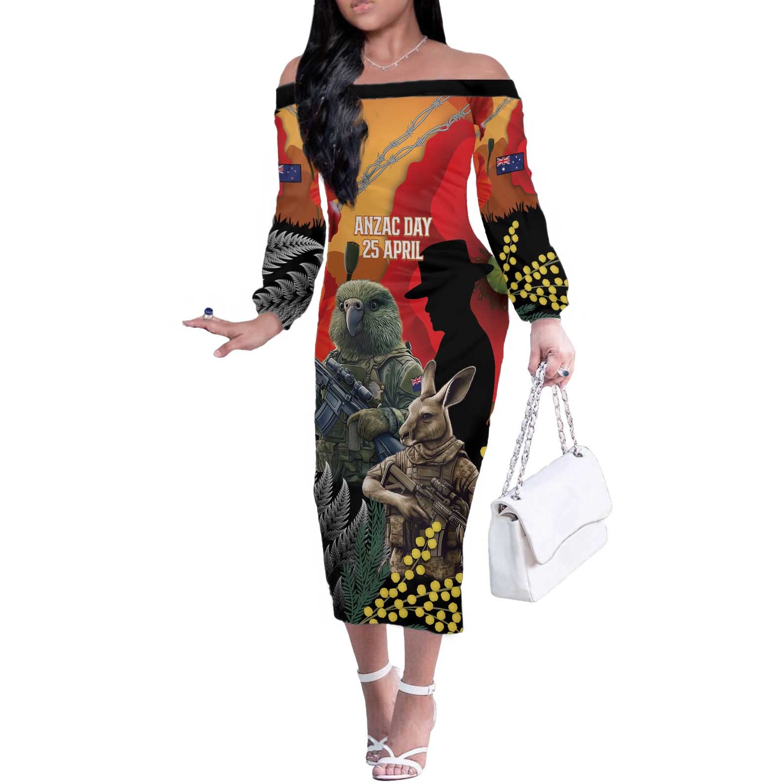 New Zealand and Australia ANZAC Day Off The Shoulder Long Sleeve Dress Sliver Fern Kakapo With Golden Wattle Kangaroo