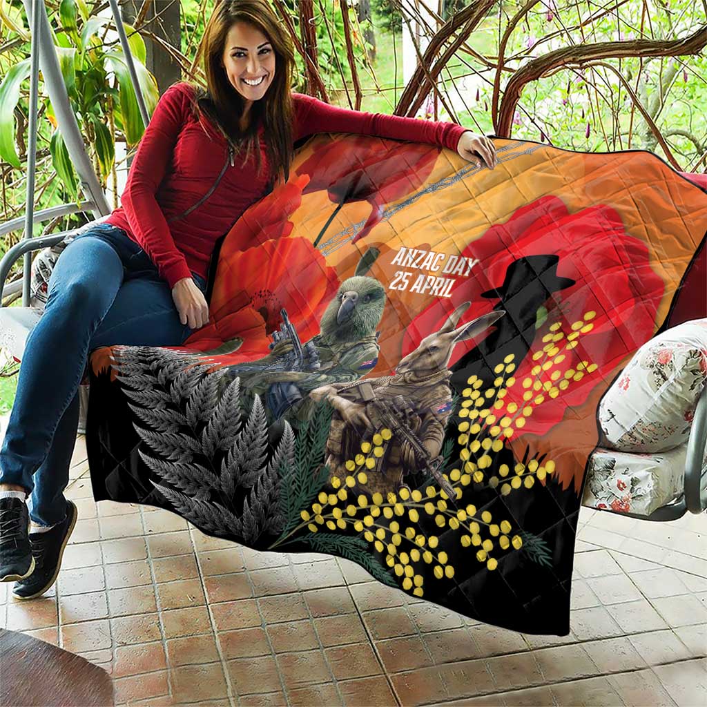 New Zealand and Australia ANZAC Day Quilt Sliver Fern Kakapo With Golden Wattle Kangaroo