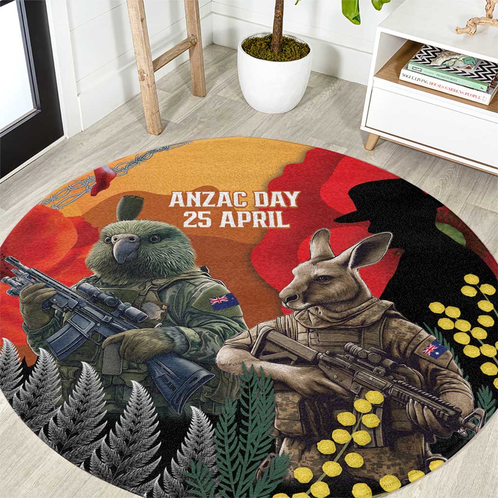 New Zealand and Australia ANZAC Day Round Carpet Sliver Fern Kakapo With Golden Wattle Kangaroo