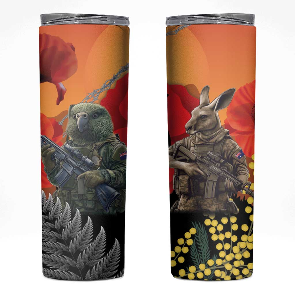 New Zealand and Australia ANZAC Day Skinny Tumbler Sliver Fern Kakapo With Golden Wattle Kangaroo