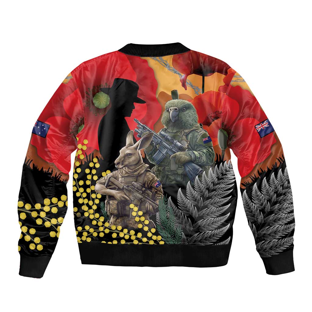 New Zealand and Australia ANZAC Day Sleeve Zip Bomber Jacket Sliver Fern Kakapo With Golden Wattle Kangaroo