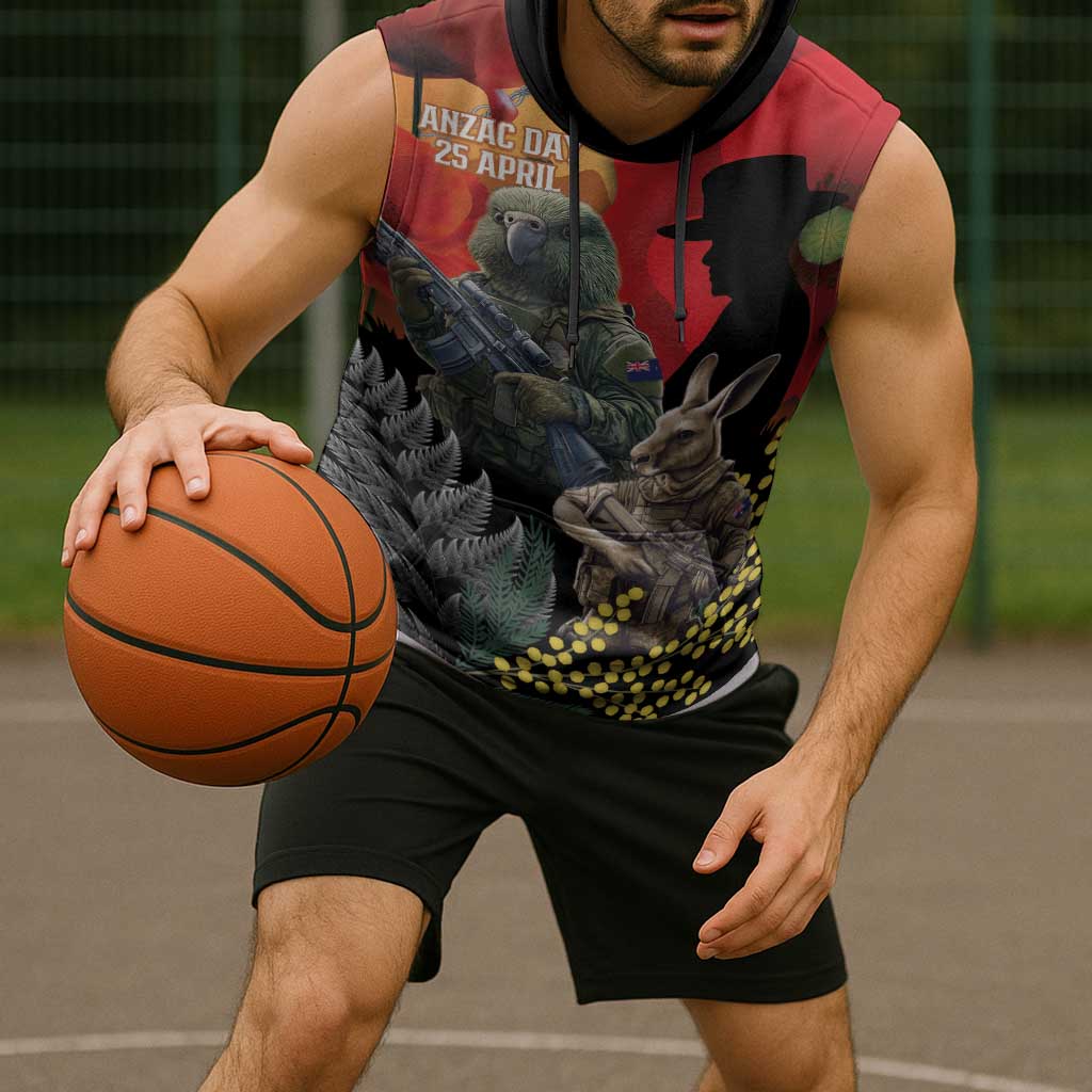 New Zealand and Australia ANZAC Day Sleeveless Hoodie Sliver Fern Kakapo With Golden Wattle Kangaroo - Polynesian Pride